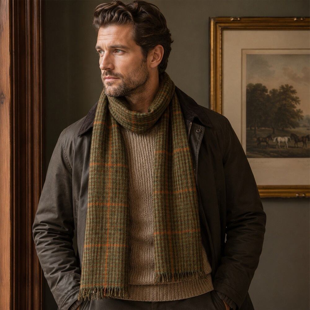 Allen Edmonds Extra Fine Merino Wool Scarf Green Brown Plaid Fringe Scotland